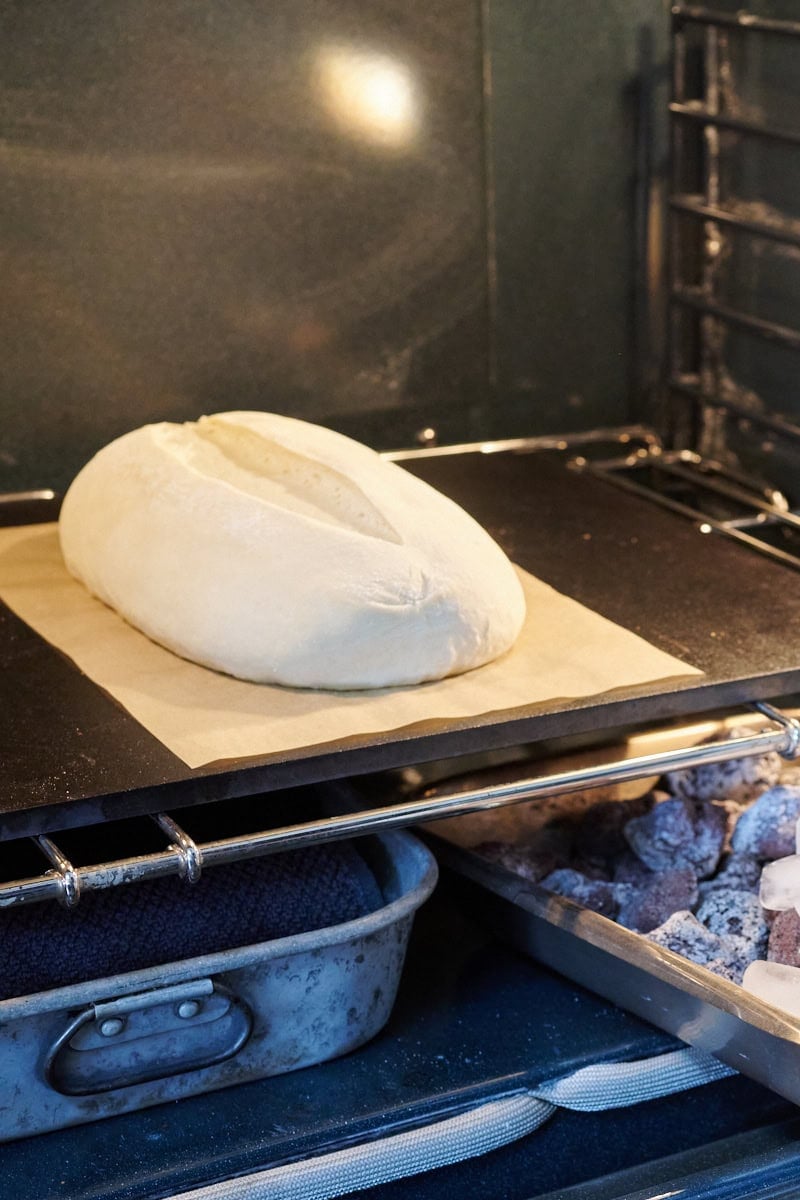 Baking bread dough on a baking surface.