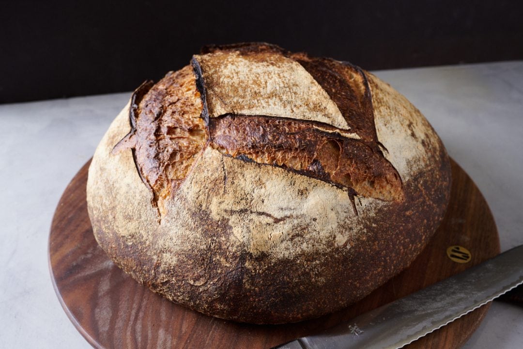 The rustic crust of my hop miche, a sourdough beer bread