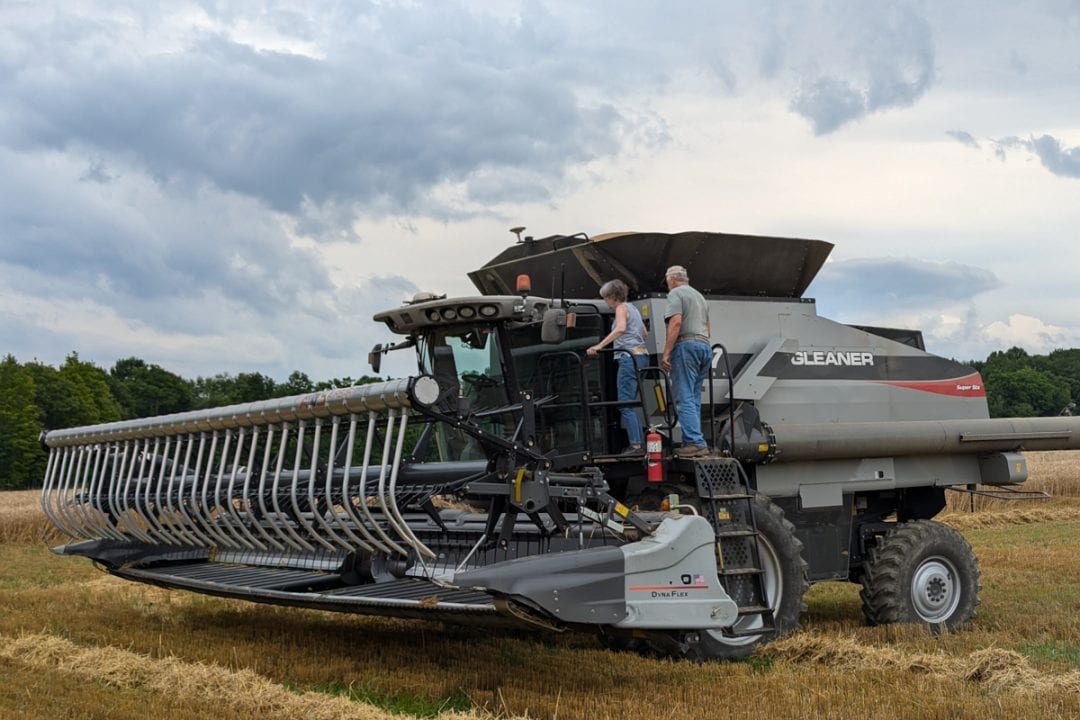 A wheat harvester and two farmers in their wheat field.