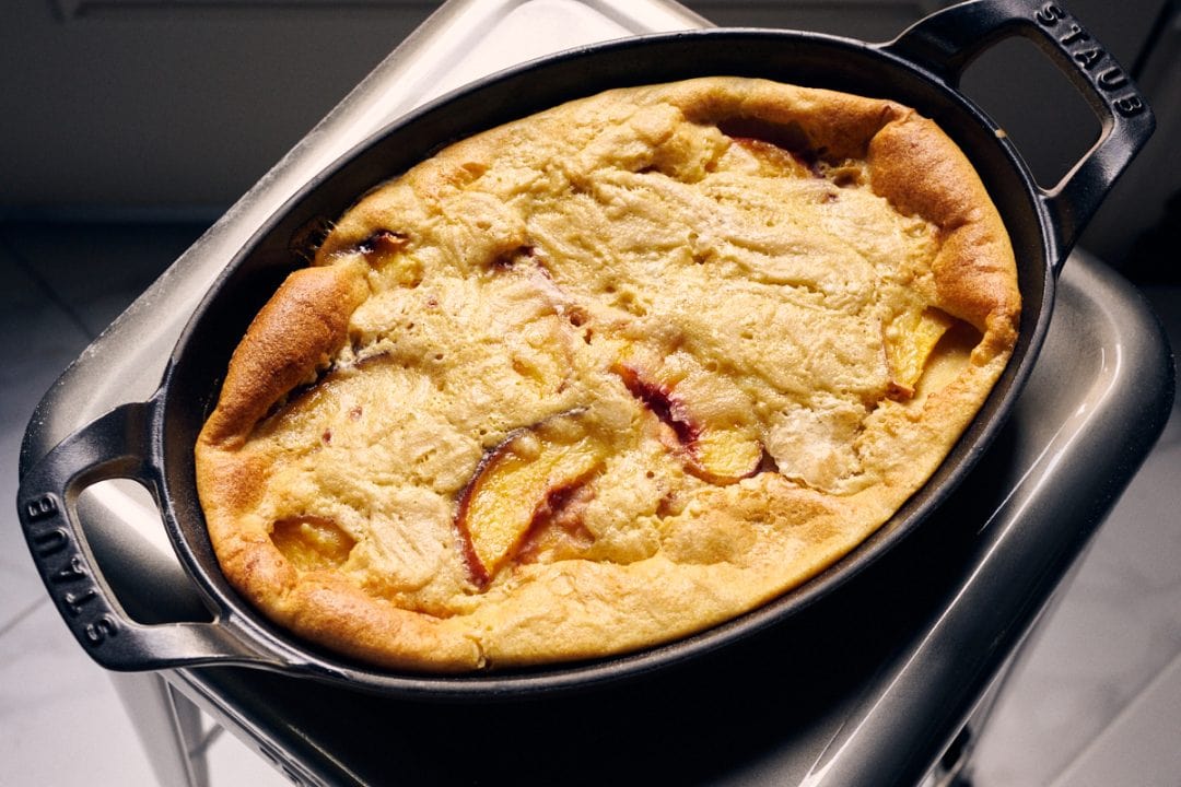 Sourdough starter discard clafoutis with peaches.