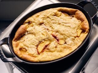Sourdough starter discard clafoutis with peaches.