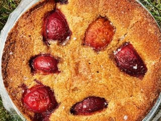 Finished baking sourdough discard plum cake