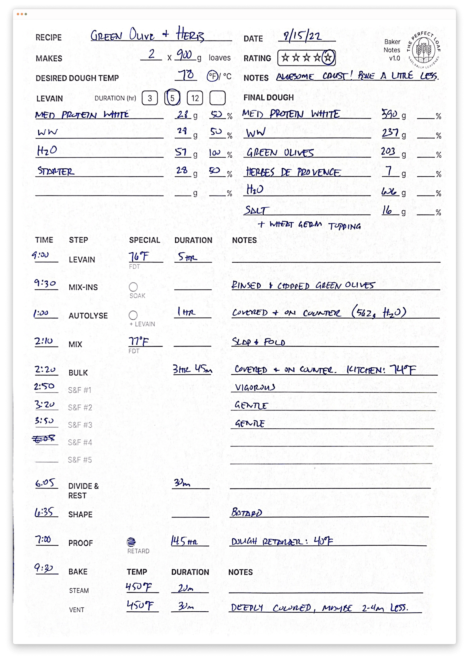 Baking notes filled out